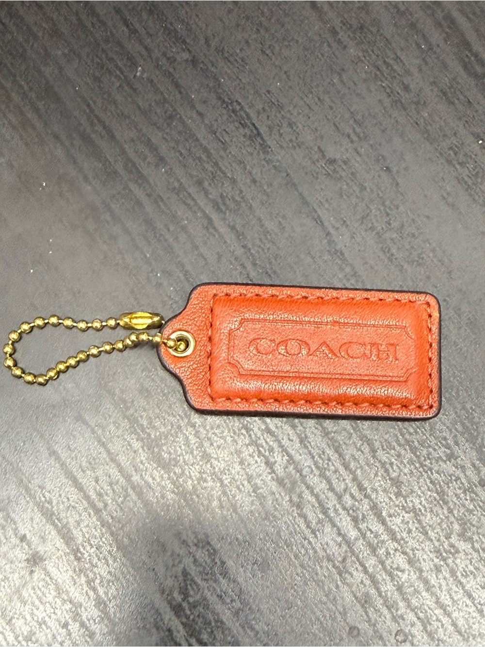 Coach Dark Burnt Orange Leather Hang Tag Gold Ball Chain 2.25” Bag Charm Y2K